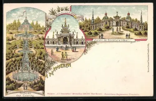 Lithographie Bruxelles, Tervueren, le Jardin des Colonies, Industries d`Art, Jardin de Sculpture