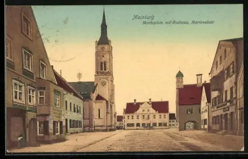 AK Mainburg, Marktplatz mit Rathaus und Mariensäule