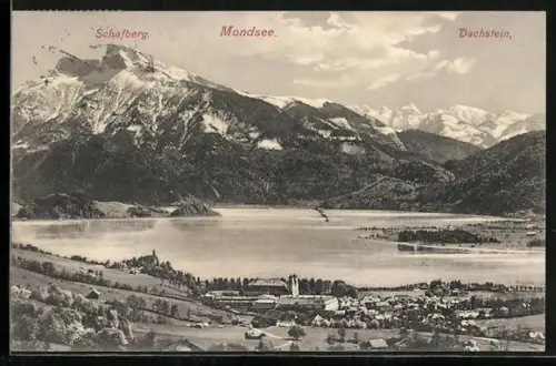 AK Mondsee /Salzkammergut, Teilansicht mit Schafberg & Dachstein