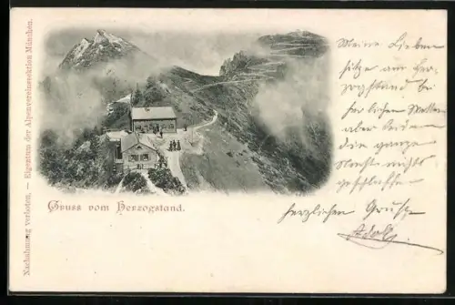 AK Herzogstandhaus, Blick zum Stieg auf dem Berggrat