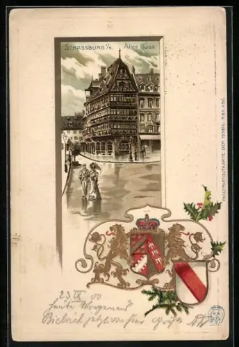 Passepartout-Lithographie Strassburg, Altes Haus an der Strasse, geprägte Wappen