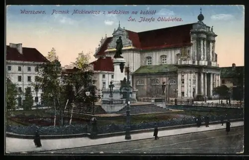 AK Warschau-Warszawa, Pomnik Mickiewicza z widokiem na kosciol