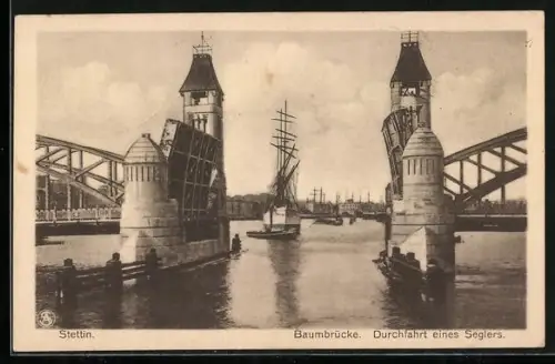 AK Stettin, Durchfahrt eines Seglers an der Baumbrücke