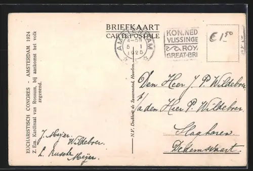 AK Amsterdam, Eucharistisch Congres 1914, Z. Em. Kardinaal van Rossum, bij aankomst het volk zegenend