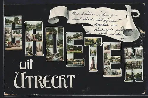 AK Utrecht, Schriftzug Groeten uit Utrechte mit Turm, Uferpartie und Strassenpartie