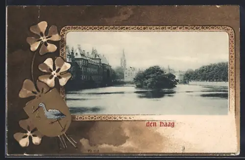 Lithographie Den Haag, Uferpartie, Wappen mit Kleeblättern, Passepartout