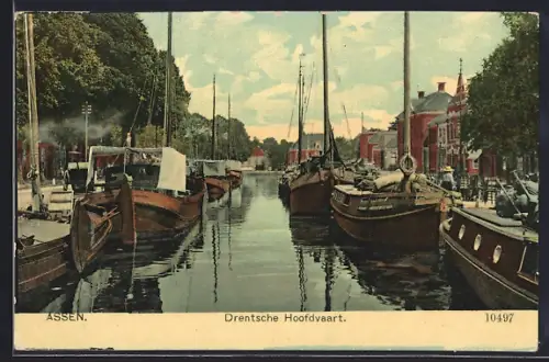 AK Assen, Drentsche Hoofdvaart, Blick den Kanal entlang mit Booten und Häusern auf der Promenade