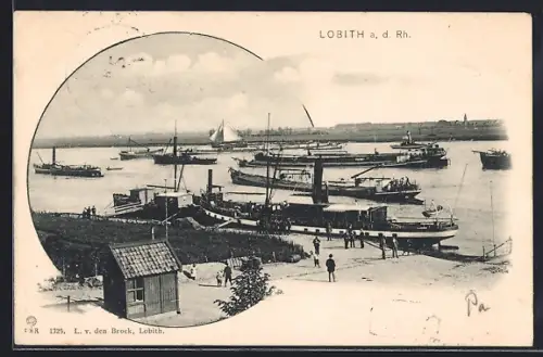 AK Lobith, Ortsansicht mit Rhein, Schiffe
