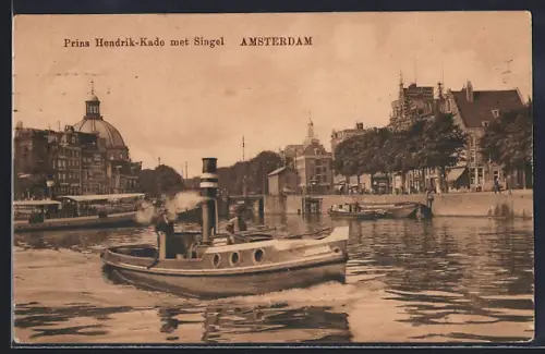 AK Amsterdam, Prins Hendrik-Kade met Singel, Dampfer
