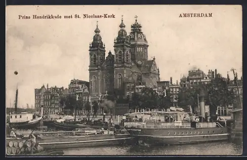 AK Amsterdam, Prins Hendrikkade met St. Nicolaas-Kerk