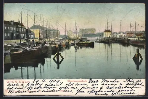 AK Groningen, Steehouwerskade, Hafenpartie am Kanal