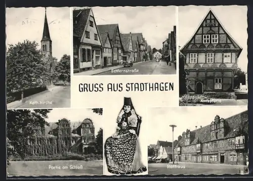 AK Stadthagen, Kath. Kirche, Amstpforte, Partie am Schloss, Rathaus, Echternstrasse