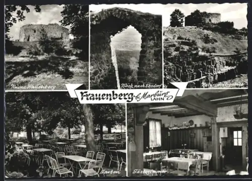 AK Frauenberg b. Marburg, Ruine Frauenberg, Gasthaus zur Burgrzine, Bes. Fam. Debelius