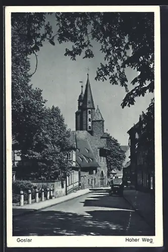 AK Goslar, Hoher Weg, Strassenszene mit Kirche