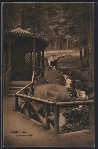 AK Goslar /Harz, Gosewasserfall, Pavillon, Waldweg