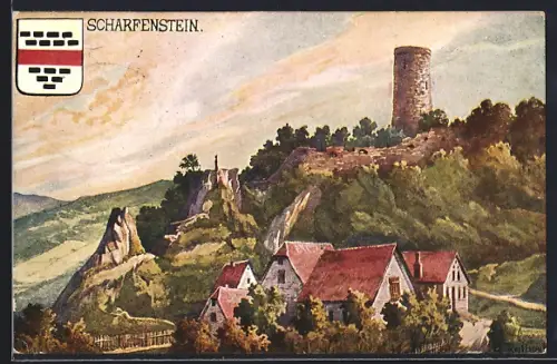 Künstler-AK Scharfenstein bei Kiedrich, Burgruine n. d. Gräfenberg, Wappen