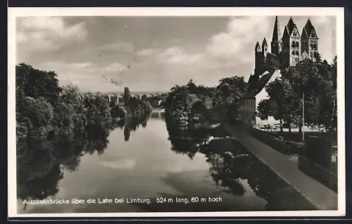 AK Limburg / Lahn, Autobahnbrücke über die Lahn mit Blick zum Dom