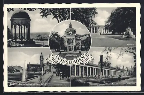 AK Wiesbaden, Nerobergtempel, Kurhaus, Neue Brunnen-Kolonnade, Hauptbahnhof