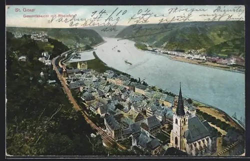 AK St. Goar, Gesamtansicht mit Rheinfels und Rhein