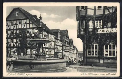 AK Bad Wildungen, Alte Häuser am Markt, Löwen-Apotheke, Brunnen
