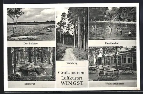 AK Wingst, Gasthaus Waldschlösschen, Balksee, Familienbad, Steingrab