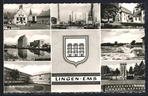 AK Lingen-Ems, Rathaus, Erdölraffinerie, Alter Hafen, St. Bonifatius-Hospital, Kirche, Hanekenfähr, Ehrenmal