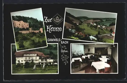 AK Gammelsbach /Odw., Gasthof und Pension Zur Krone, Bes. Georg Foshag, Burgruine