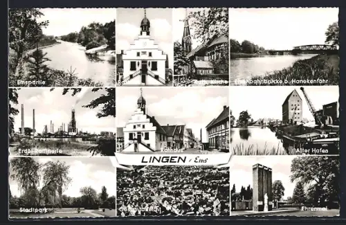 AK Lingen /Ems, Rathaus, Erdölraffinerie, Alter Hafen