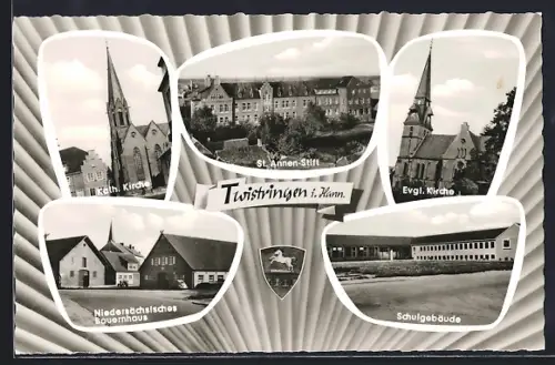 AK Twistringen i. Hann., St. Annen-Stift, Kath. Kirche, Evgl. Kirche, Schulgebäude, Niedersächsisches Bauernhaus