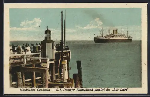 AK Cuxhaven, S.S. Dampfer Deutschland passiert die Alte Liebe
