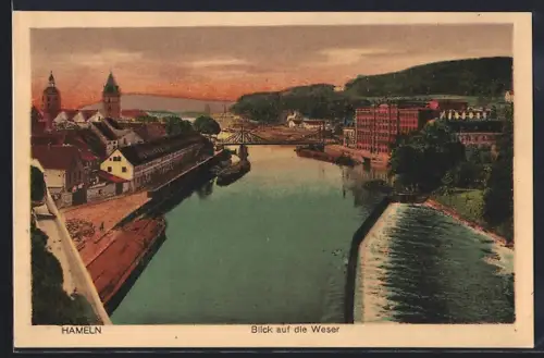 AK Hameln a. d. W., Blick auf die Weser mit Brücke