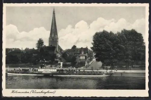 AK Holzminden /Weserbergland, Dampfschiff mit Blick zur Kirche