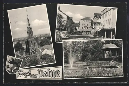 AK Peine, Die Kirche, Partie im Stadtpark mit Wasserfontäne