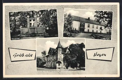 AK Heyen / Holzminden, Das Ehrenmal, Die Schule, Dröges Gasthaus