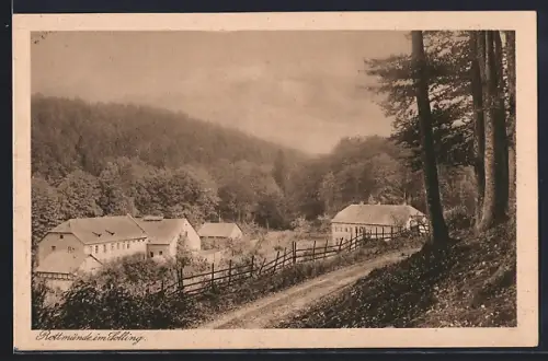 AK Rottmünde im Solling, Wegpartie am Wald mit Blick auf Ort
