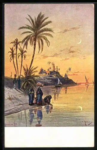 Künstler-AK F.Perlberg: Abend am Nil, Evening on the Nile, Une scene du soir sur le Nil