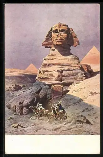 Künstler-AK F.Perlberg: Sphinx, Kamele vor der Sphinx