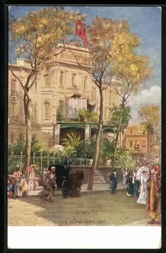Künstler-AK Kairo, Eingang und Terrasse von Shepheard`s Hotel