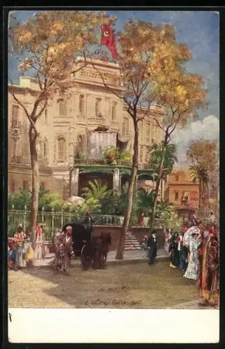 Künstler-AK Le Caire, Shepheard`s Hotel, Terrasse et l`entrée