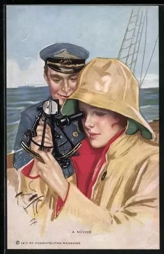 Künstler-AK Harrison Fisher: A Novice, Kapitän und Frau mit Fernglas auf einem Schiff