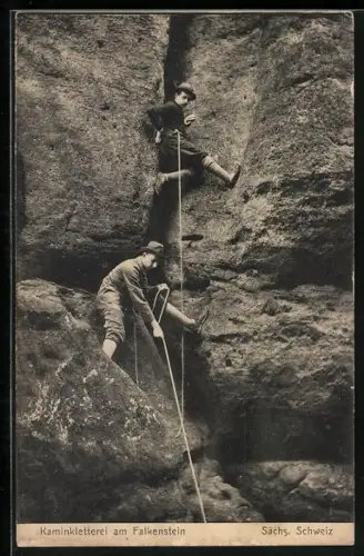 AK Kaminkletterei am Falkenstein, Bergsteiger in einer steilen Wand