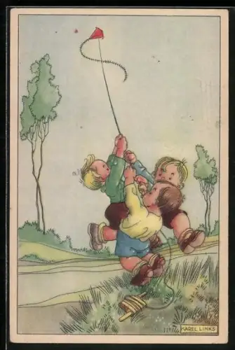 Künstler-AK Karel L.Links: Kindern beim Drachensteigen