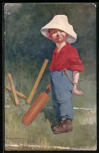 Künstler-AK Out first Ball, Knabe spielt Cricket