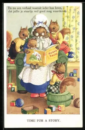 AK Eichhörnchengrossmutter liest Kindern aus Buch vor, vermenschlichte Tiere
