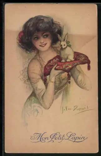 Künstler-Lithographie Em. Dupuis: Mon Petit Lapin, Mädchen mit weissem Kaninchen