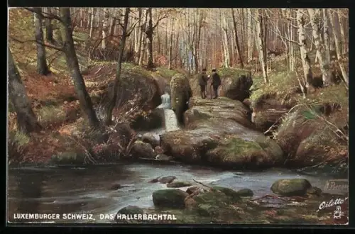 Künstler-AK Hallerbachtal /Luxemburger Schweiz, Flusspartie im Wald mit 2 Wanderern