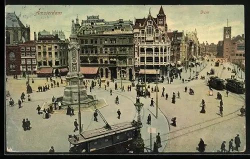 AK Amsterdam, Dam-Platz mit Strassenbahnen und Geschäften