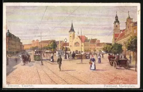 Künstler-AK Pressburg, Marktplatz mit Strassenbahn und Passanten