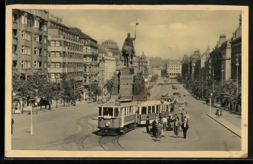 AK Prag, Wenzelsplatz und Strassenbahn