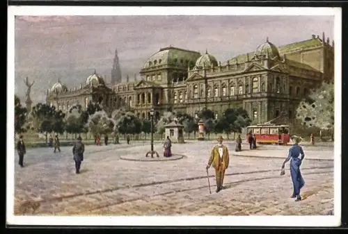 AK Wien I, Universität, Fussgänger, Strassenbahn